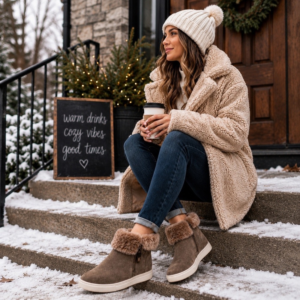 Trask Faux Fur Sneaker Boots Women's Size 8 Taupe Side Zip Cozy Winter Shoes